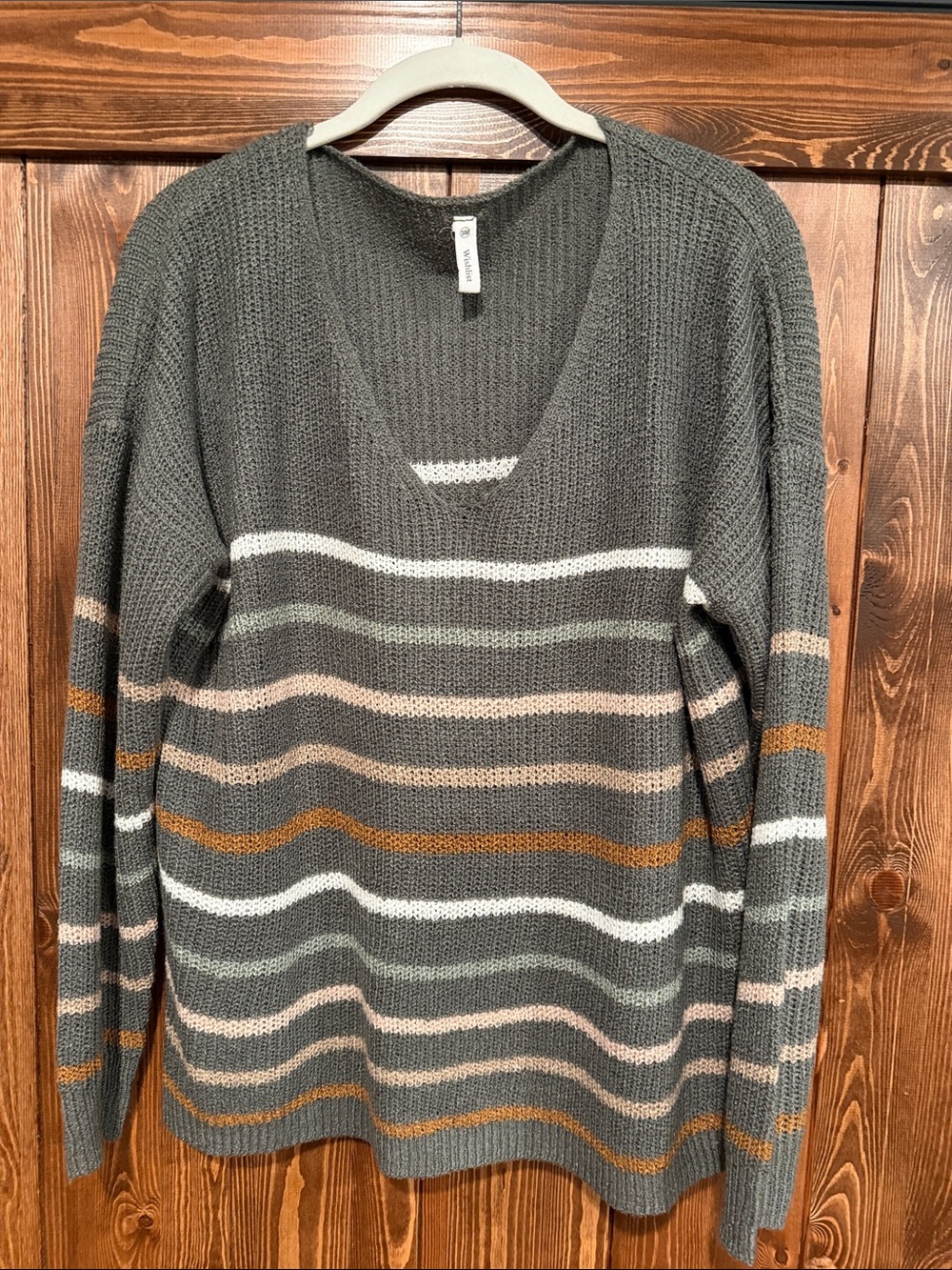 Wishlist V-Neck Striped Sweater in Gray, White, Tan, Mustard